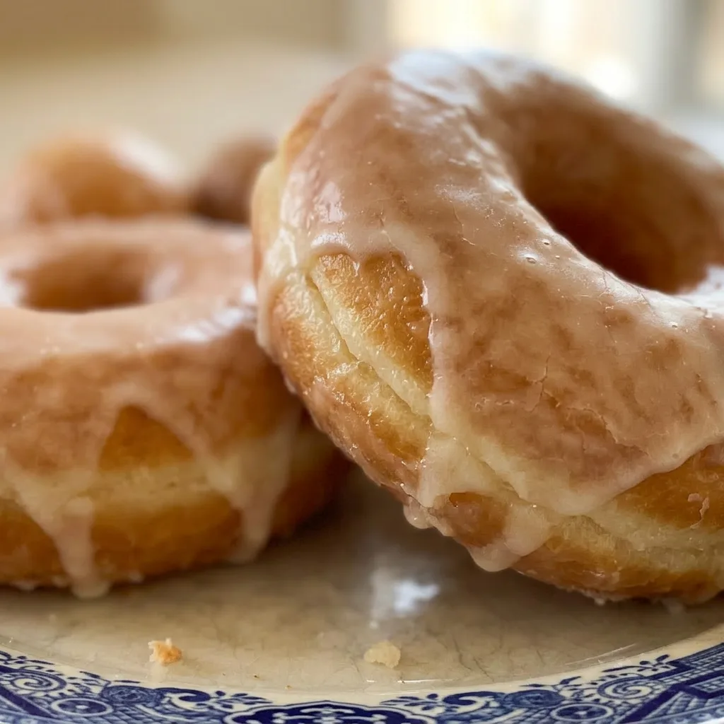 Macro detail of a glazed donut with thick vanilla icing and visible butter sheen.