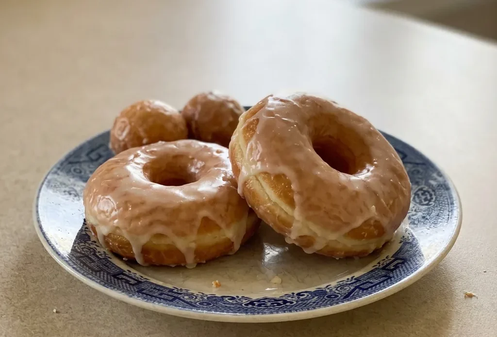 Top-down look at three glazed donuts with glossy vanilla icing on a light surface.