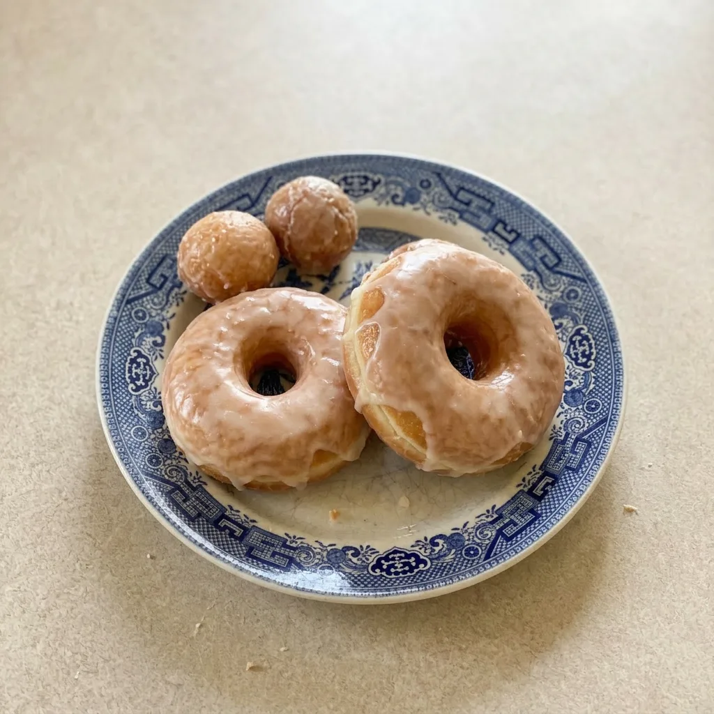 A serving of two glazed donuts with smooth vanilla icing and a dusting of powdered sugar.