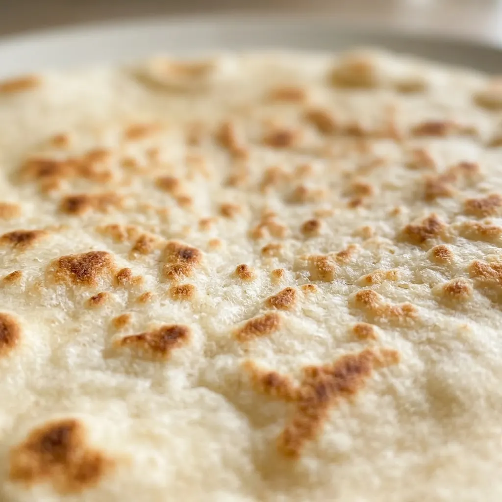 Zoomed in on a pita bread's puffed pocket, showing a crisp golden surface with small bubbles and a light dusting of salt.