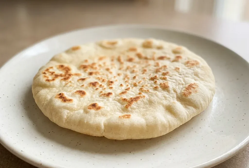 Bird's-eye view of a round pita bread with a golden brown crust and a puffed pocket, drizzled with olive oil and sprinkled with salt.
