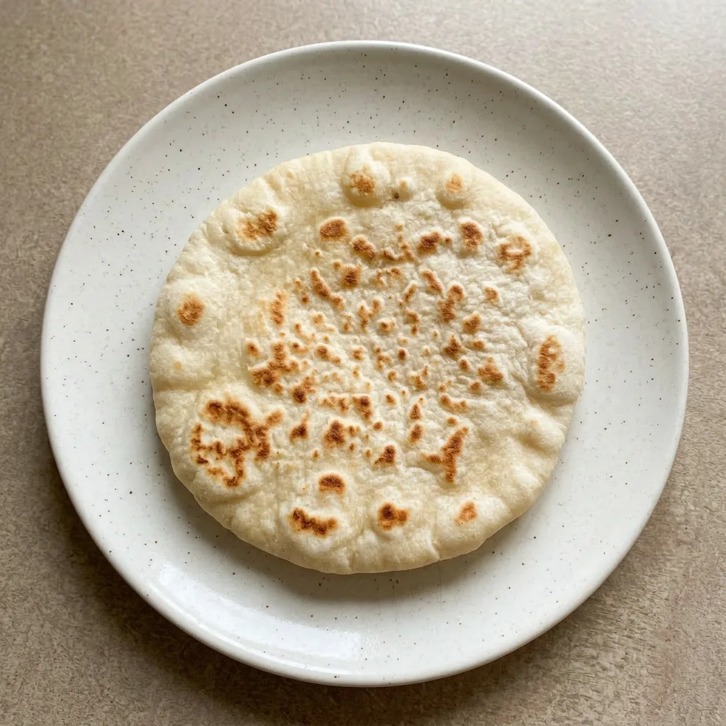 Ready to serve: a whole pita bread on a plate, topped with a drizzle of olive oil and a pinch of salt, with a slight sheen from the oil.