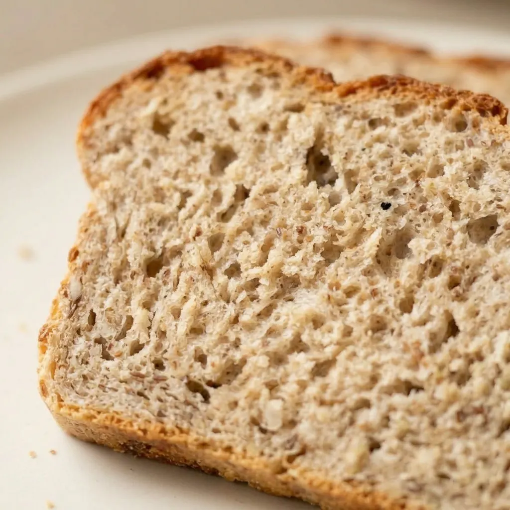Zoomed in on a slice of dark rye bread with visible seeds and a soft crumb.