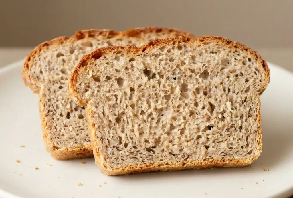 Bird's-eye view of a round loaf of rye bread topped with seeds, sliced into wedges.