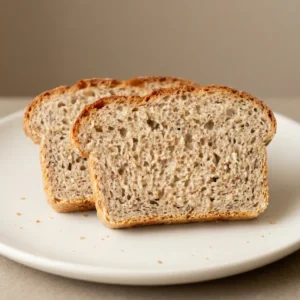 Bird's-eye view of a round loaf of rye bread topped with seeds, sliced into wedges.