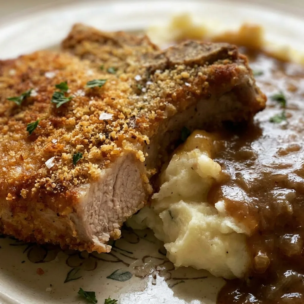 Macro detail of a breaded pork chop crust with visible bread crumbs, paprika, and onion powder flakes.