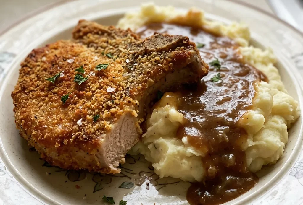 Top-down look at three breaded pork chops with paprika and garlic powder speckles, arranged in a row.