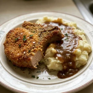 Top-down look at three breaded pork chops with paprika and garlic powder speckles, arranged in a row.