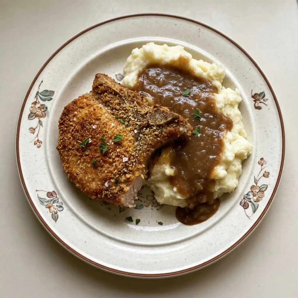A serving of two breaded pork chops seasoned with paprika, garlic powder, and onion powder.