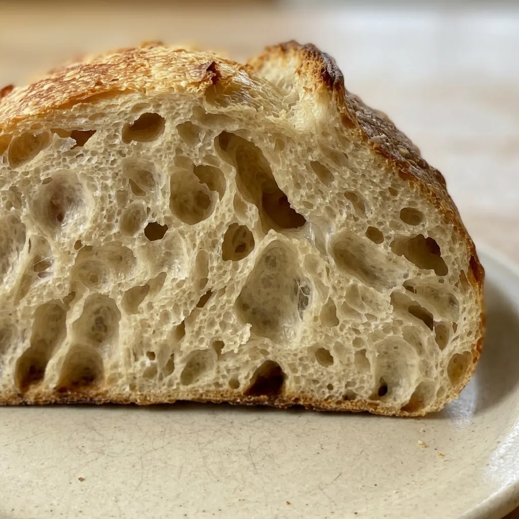 Macro detail of a slice of sourdough bread showing irregular holes and a crisp brown crust.