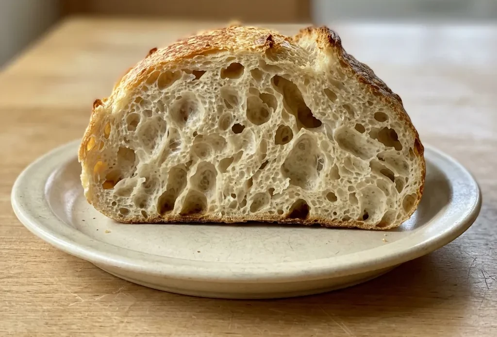 Top-down look at a round sourdough loaf with a scored cross pattern and light dusting of flour.