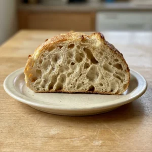 Top-down look at a round sourdough loaf with a scored cross pattern and light dusting of flour.