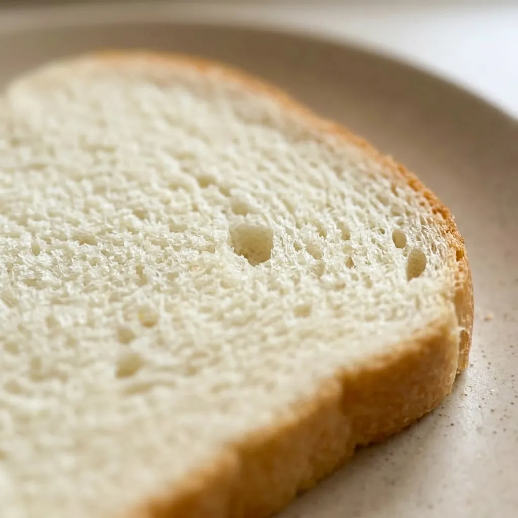 Zoomed in on a slice of bread with a thin smear of butter melting into the porous crumb, the crust crisp and golden.