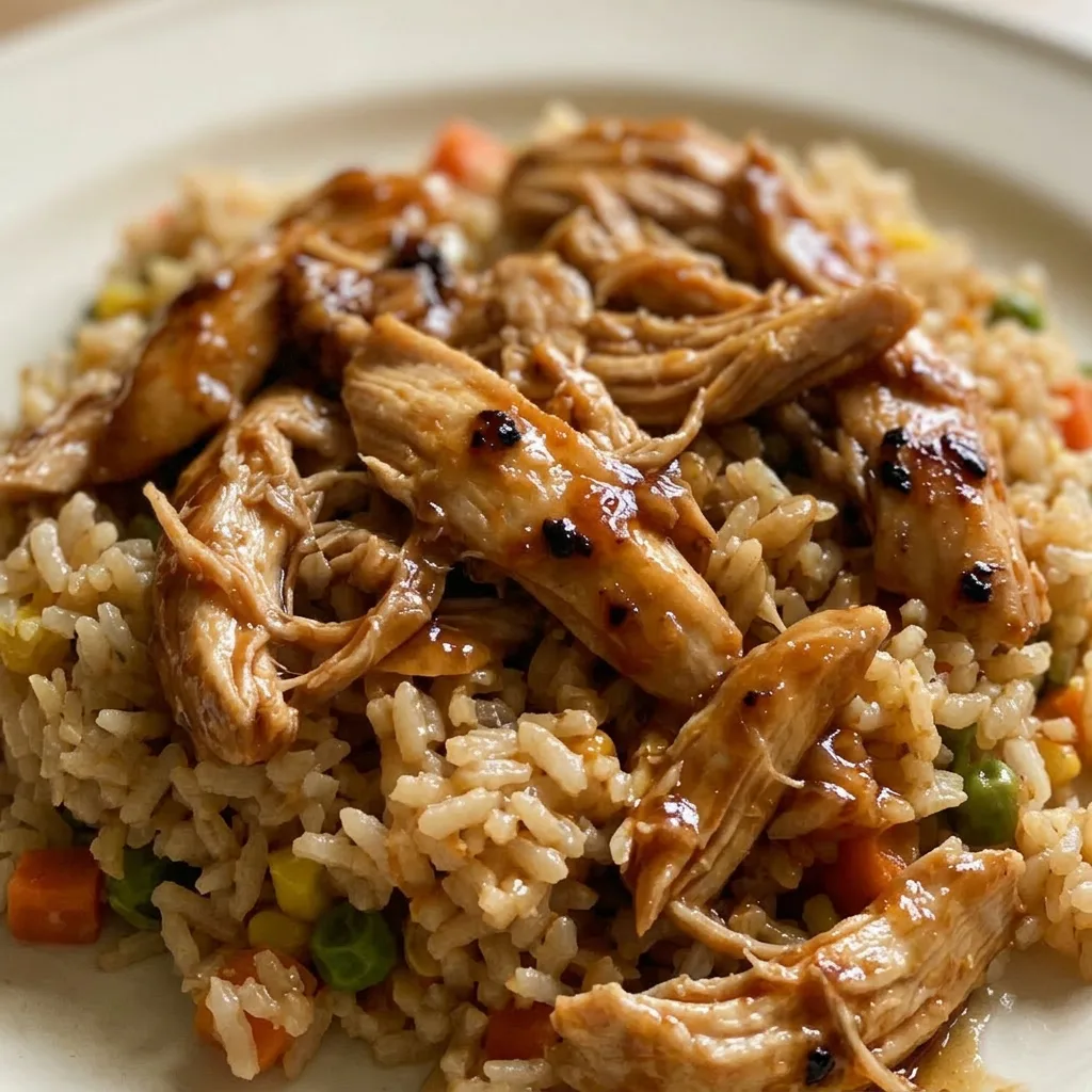 Close view of a chicken thigh glazed with honey BBQ sauce, resting on rice with visible corn and peas.