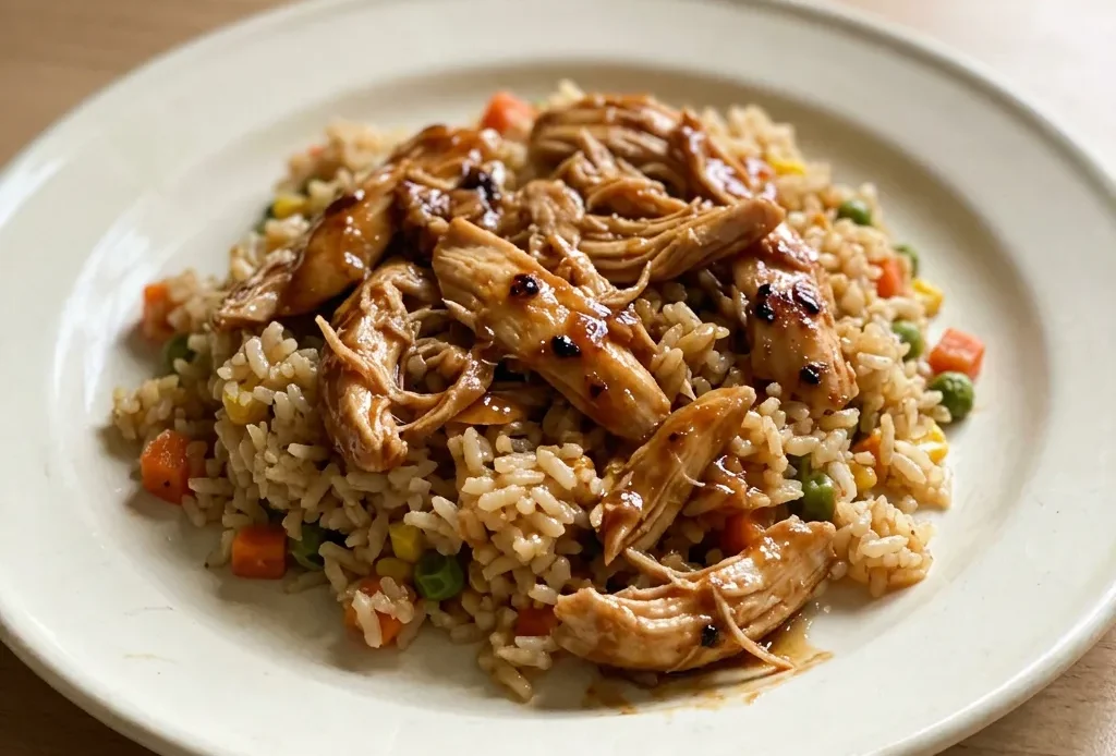 Overhead shot of chicken pieces and rice on a white dish, drizzled with honey BBQ sauce and scattered mixed vegetables.
