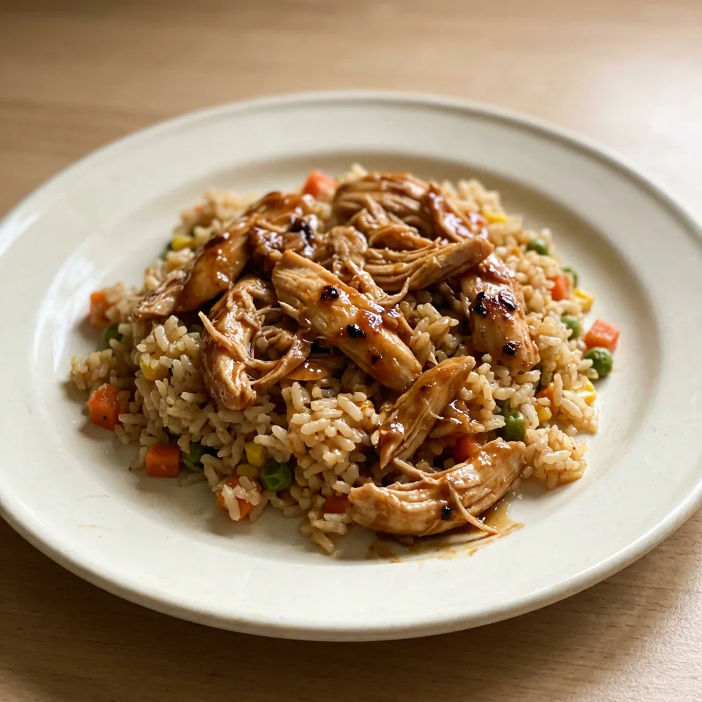 Overhead shot of chicken pieces and rice on a white dish, drizzled with honey BBQ sauce and scattered mixed vegetables.