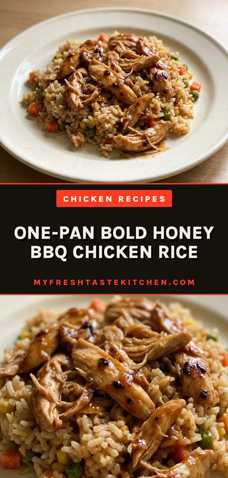 Overhead shot of chicken pieces and rice on a white dish, drizzled with honey BBQ sauce and scattered mixed vegetables.
