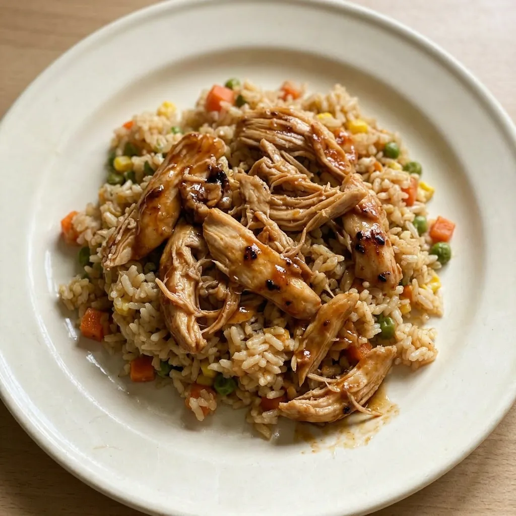 Plated chicken and rice topped with honey BBQ sauce and mixed vegetables, captured from a side angle.