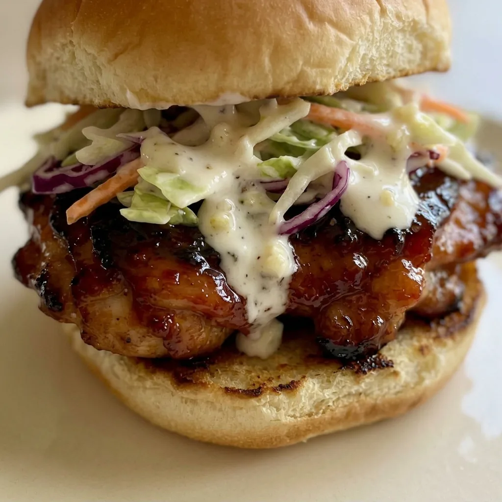 Macro detail of a honey chipotle chicken slider with glossy sauce on chicken, chipotle pepper bits, and coleslaw on a brioche bun.
