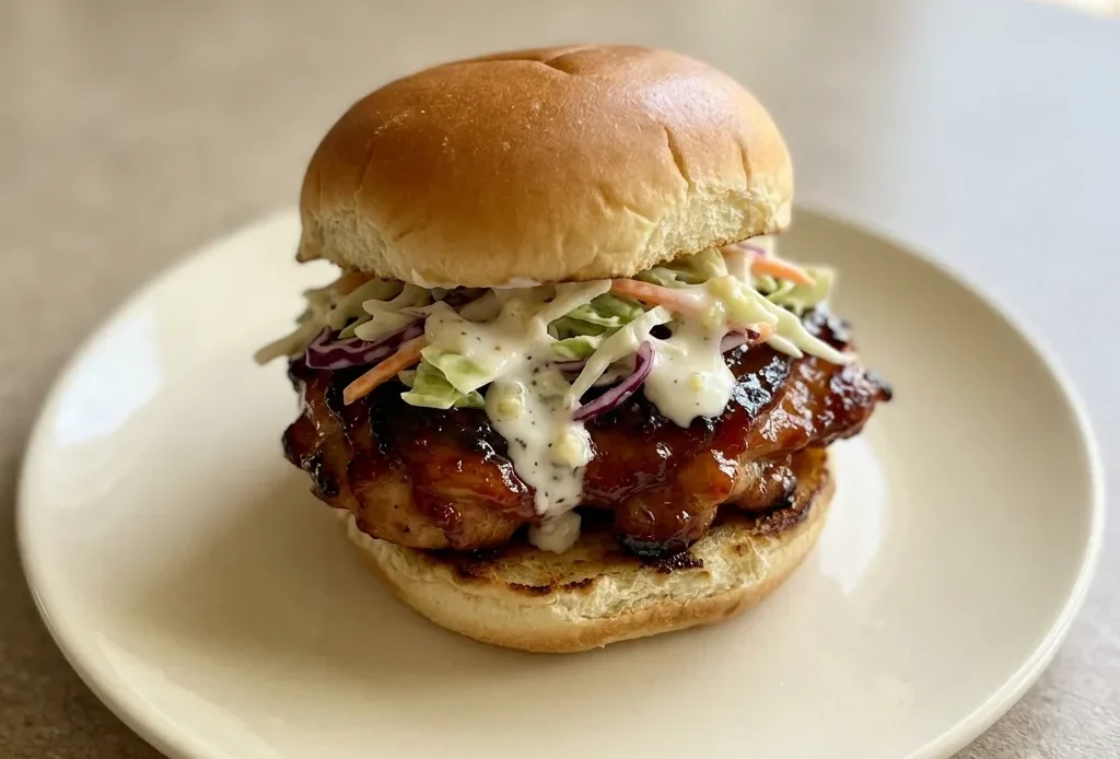 Top-down look at two honey chipotle chicken sliders on brioche buns, topped with creamy coleslaw and visible shreds of chicken.