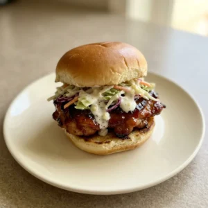 Top-down look at two honey chipotle chicken sliders on brioche buns, topped with creamy coleslaw and visible shreds of chicken.
