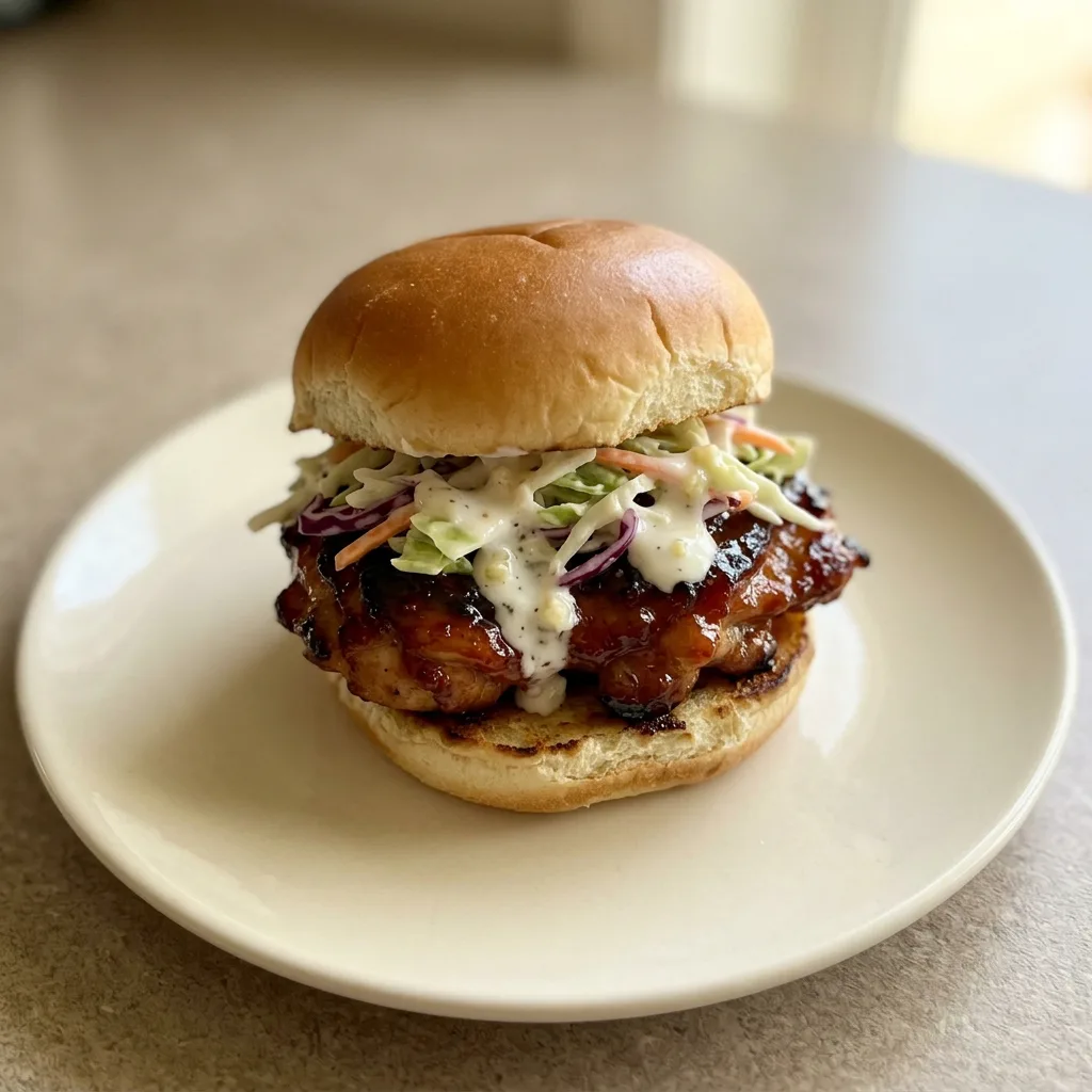 Top-down look at two honey chipotle chicken sliders on brioche buns, topped with creamy coleslaw and visible shreds of chicken.