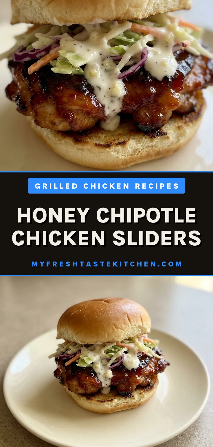 Top-down look at two honey chipotle chicken sliders on brioche buns, topped with creamy coleslaw and visible shreds of chicken.