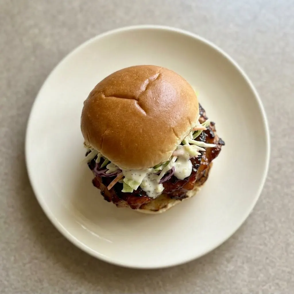 A serving of three honey chipotle chicken sliders with honey-glazed chicken thighs, chipotle peppers, and coleslaw on brioche buns.