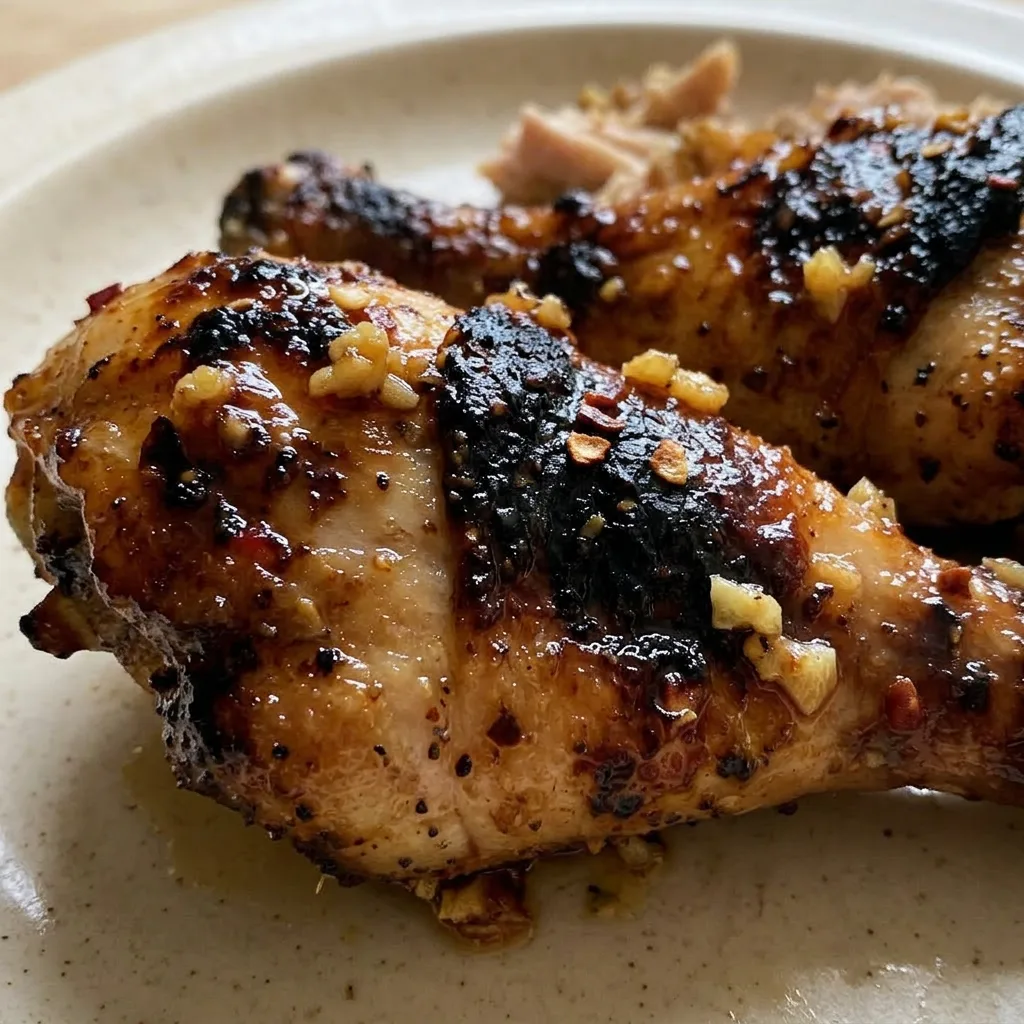 Macro detail of a single drumstick's crispy skin coated in sticky honey-soy glaze, garlic bits and sesame seeds visible.