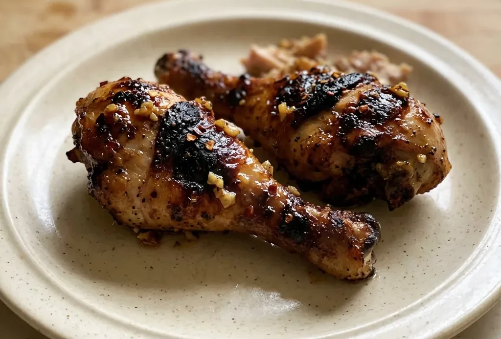 Top-down look at four honey garlic chicken drumsticks arranged in a circle, glossy glaze with sesame seeds and sliced green onions.