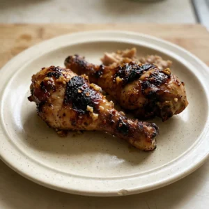 Top-down look at four honey garlic chicken drumsticks arranged in a circle, glossy glaze with sesame seeds and sliced green onions.