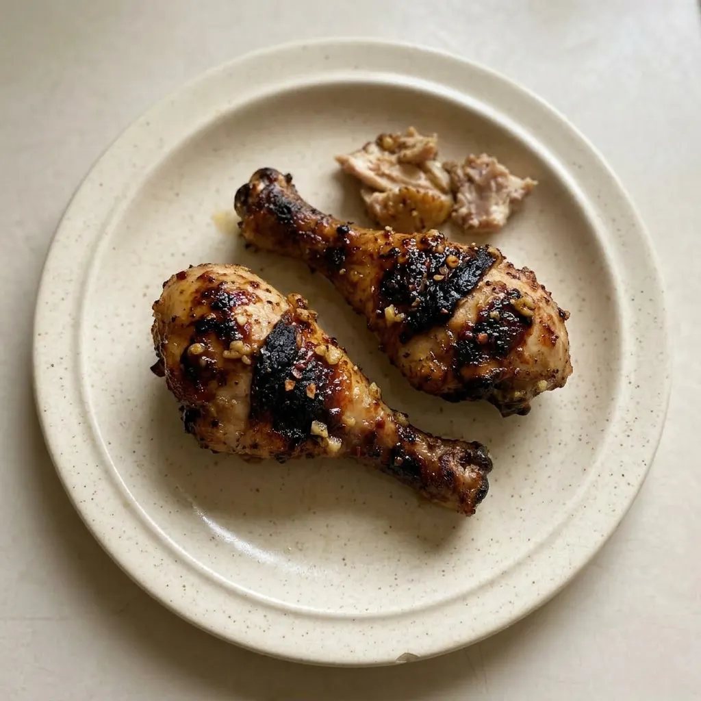 A serving of three chicken drumsticks drizzled with honey garlic sauce, topped with chopped green onions and sesame seeds.