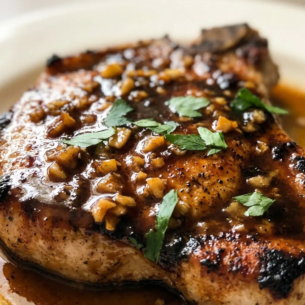 Zoomed in on a single pork chop coated in thick honey soy glaze, with visible garlic pieces and a honey drip.