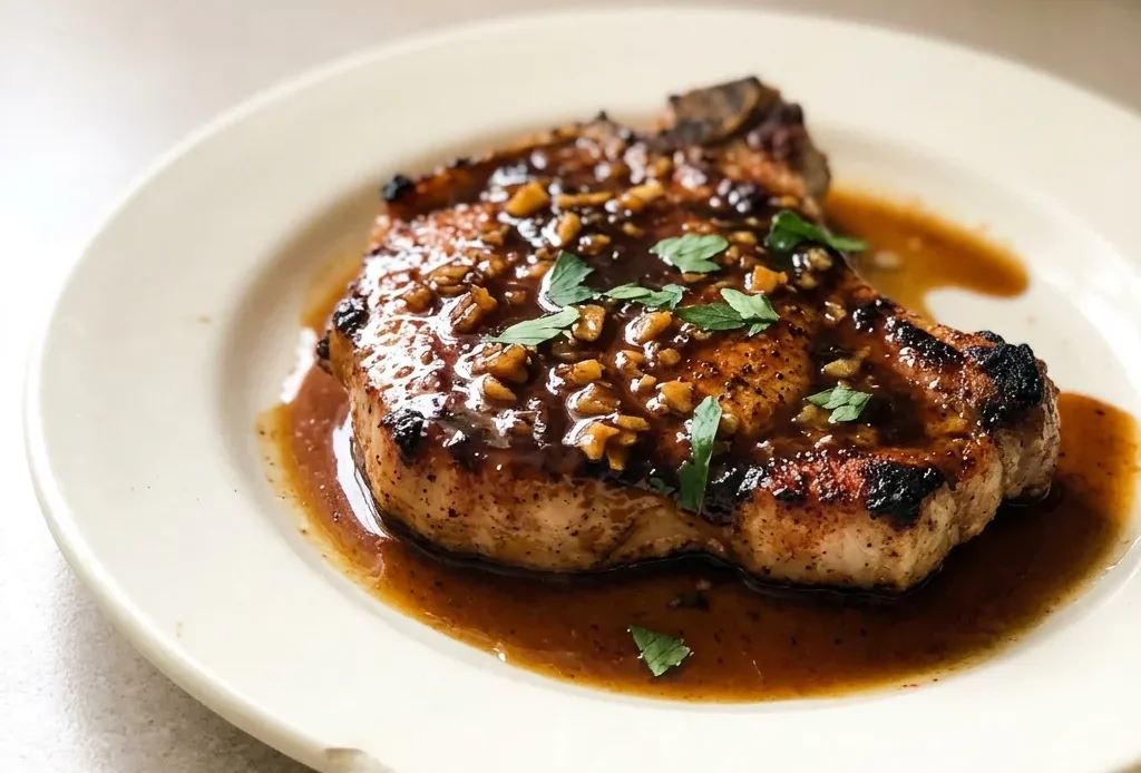 Bird's-eye view of two honey garlic pork chops with glossy sauce, garnished with minced garlic and a drizzle of honey.