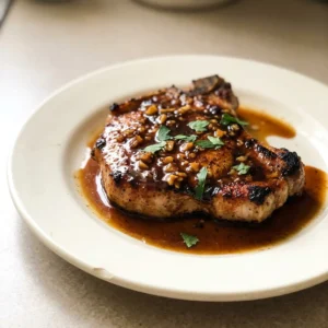 Bird's-eye view of two honey garlic pork chops with glossy sauce, garnished with minced garlic and a drizzle of honey.