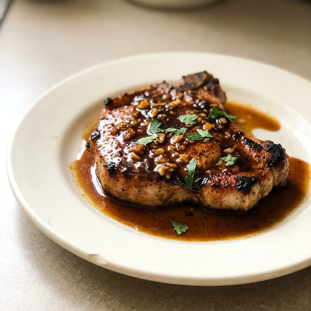 Bird's-eye view of two honey garlic pork chops with glossy sauce, garnished with minced garlic and a drizzle of honey.