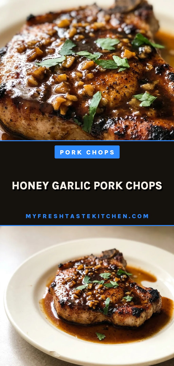 Bird's-eye view of two honey garlic pork chops with glossy sauce, garnished with minced garlic and a drizzle of honey.