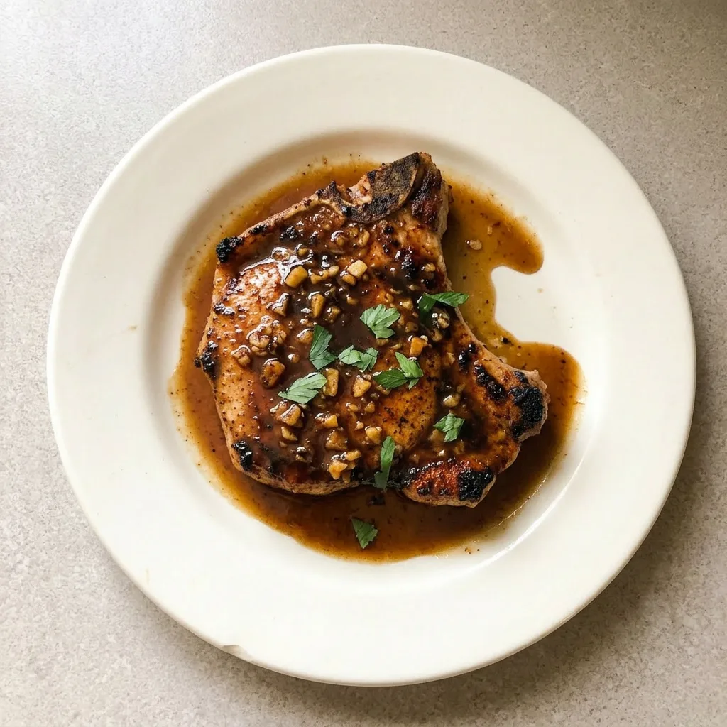 Ready to serve: two pork chops on a white plate, glistening with honey garlic sauce and topped with fresh garlic bits.