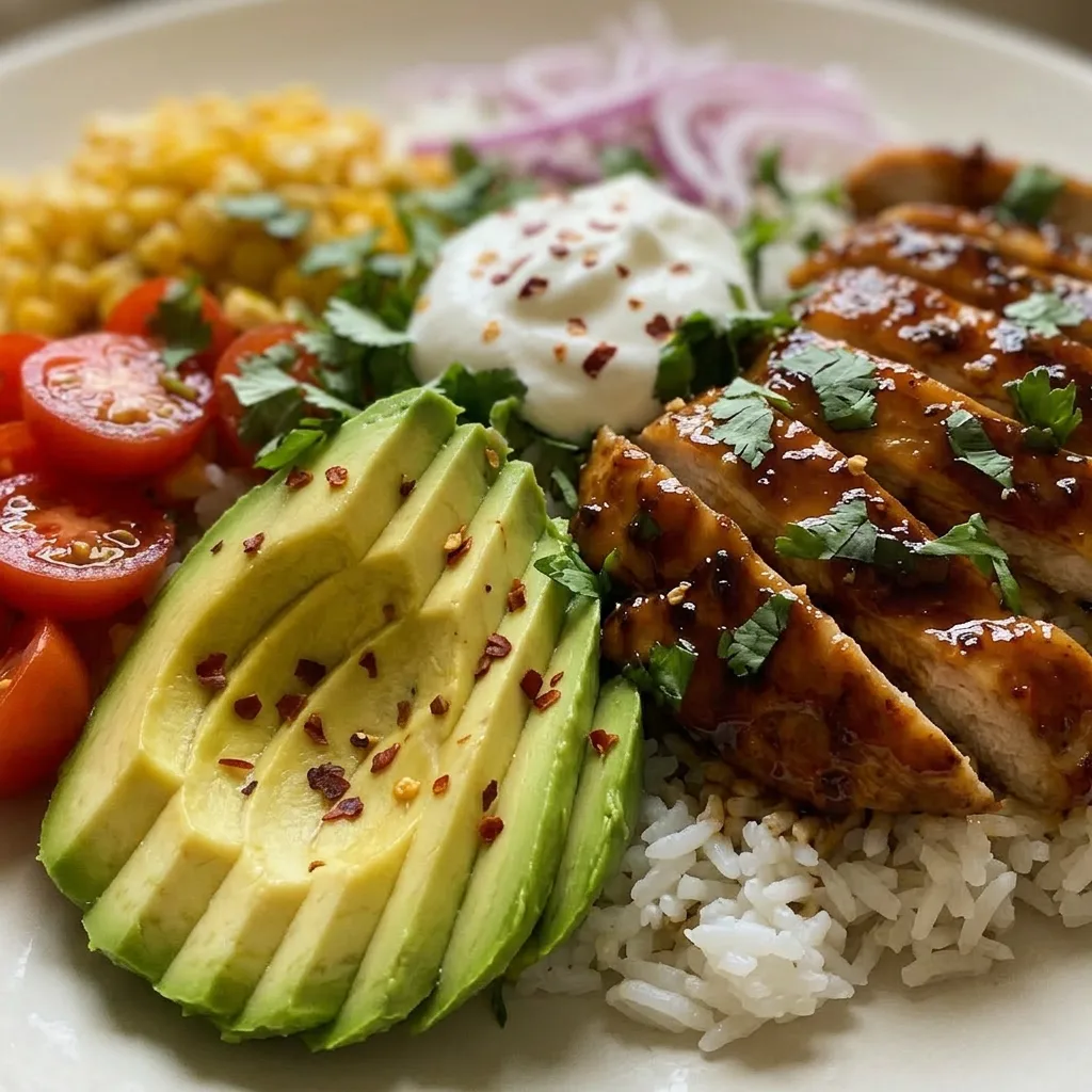 Up close, a fork lifts a piece of chicken with honey lime glaze, next to creamy avocado chunks and rice.