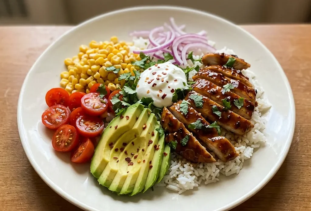 Looking down at a bowl of white rice topped with sliced chicken drizzled with honey lime sauce, avocado slices, and lime wedges.