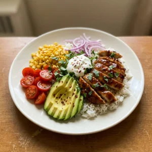 Looking down at a bowl of white rice topped with sliced chicken drizzled with honey lime sauce, avocado slices, and lime wedges.