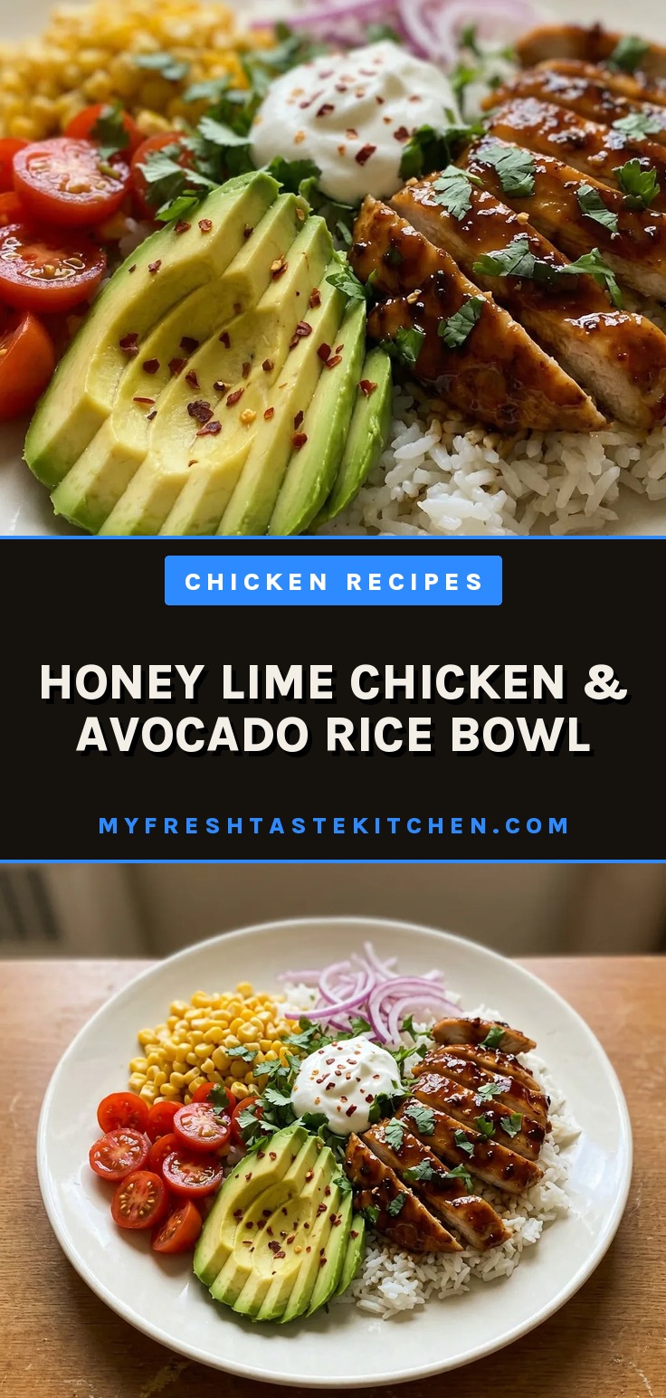 Looking down at a bowl of white rice topped with sliced chicken drizzled with honey lime sauce, avocado slices, and lime wedges.