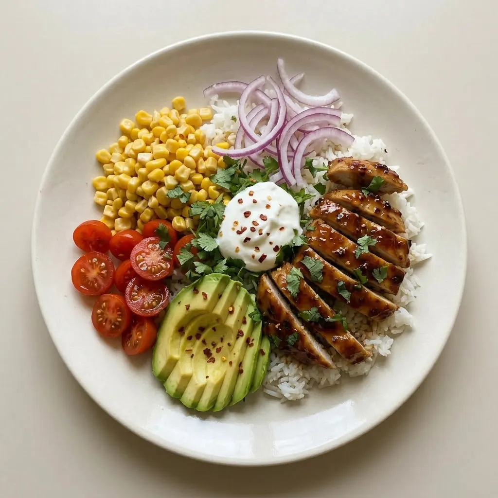A plate of chicken pieces glazed with honey lime, arranged over rice with avocado slices and a lime wedge.