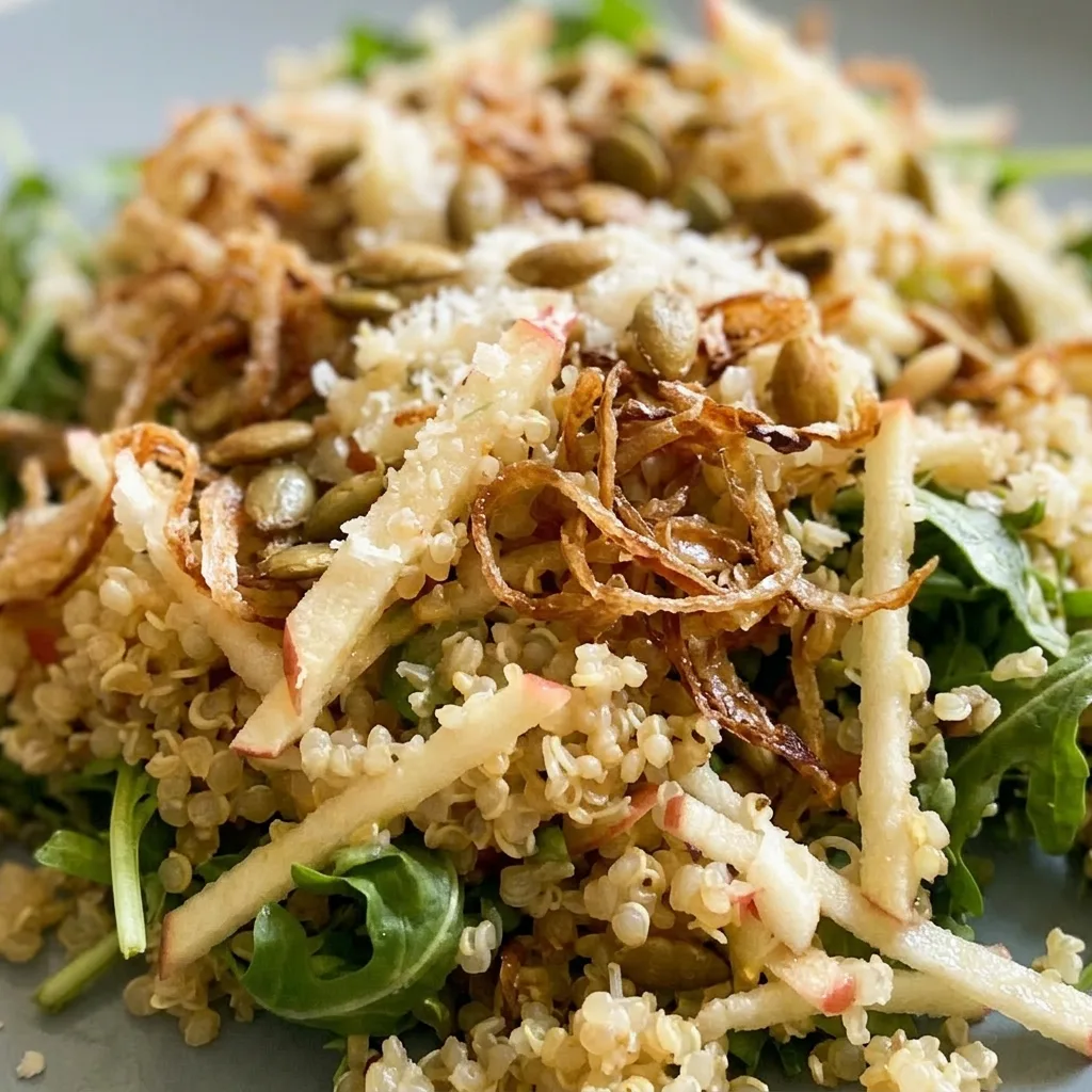 Up close, quinoa grains and apple cubes are visible among arugula leaves, with golden crispy shallots and a glossy vinaigrette coating.