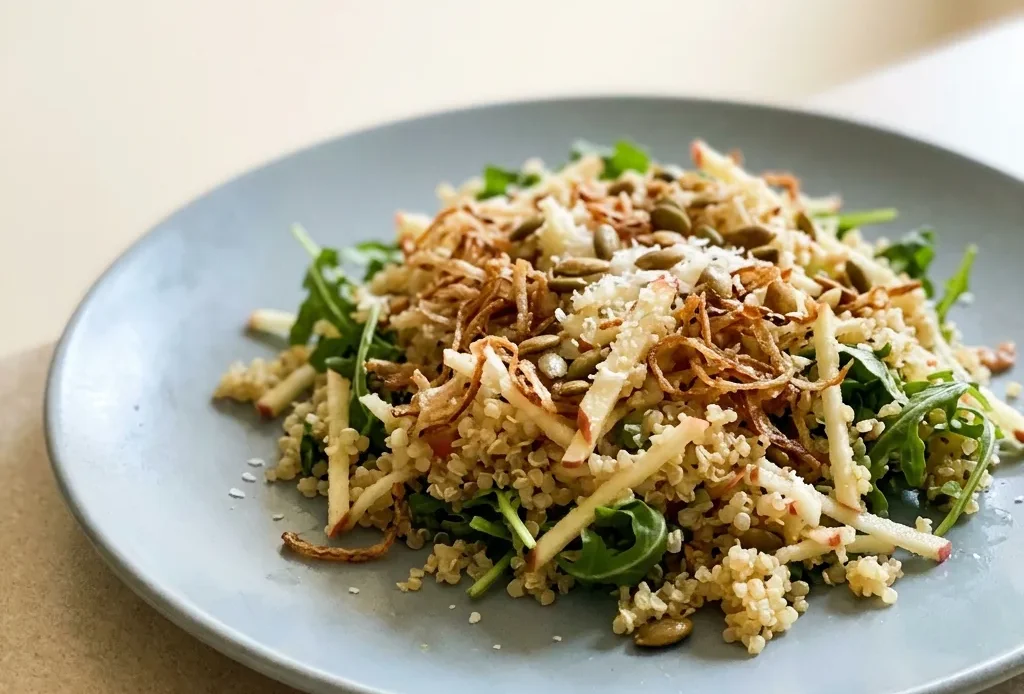 Looking down at a bed of arugula topped with quinoa, diced apple, and crispy shallots, drizzled with honey mustard vinaigrette.