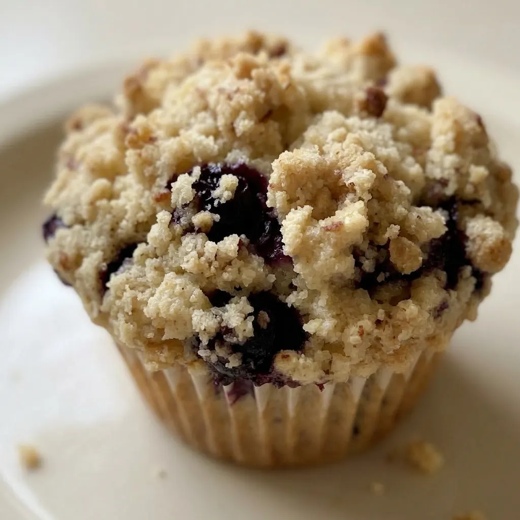 Up close, a muffin with a golden-brown crust, dotted with huckleberries, and a dollop of butter and sour cream on top.