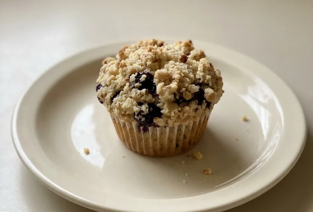 Looking down at three huckleberry muffins on a white plate, each with a domed top studded with purple berries.