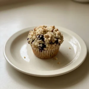 Looking down at three huckleberry muffins on a white plate, each with a domed top studded with purple berries.