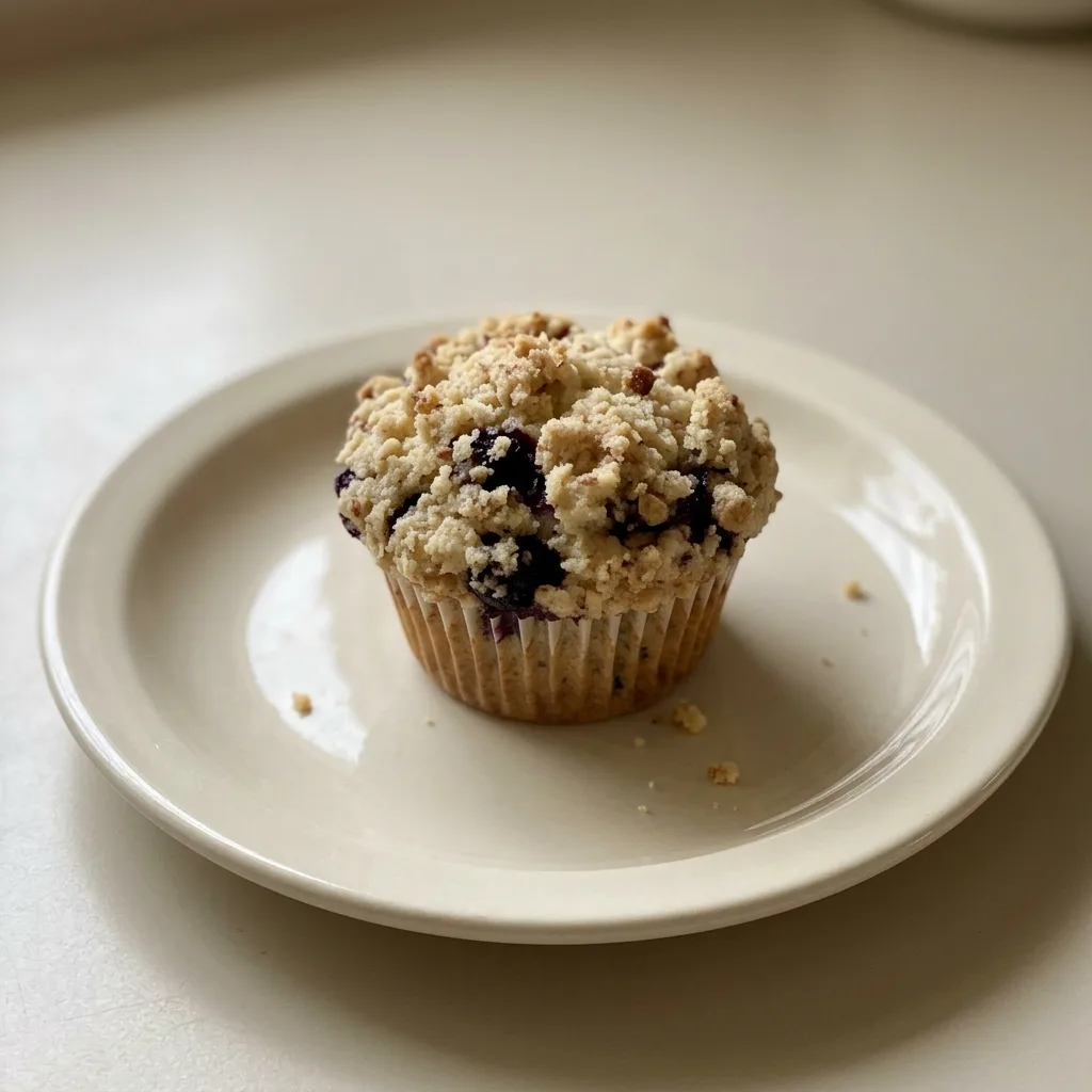 Looking down at three huckleberry muffins on a white plate, each with a domed top studded with purple berries.