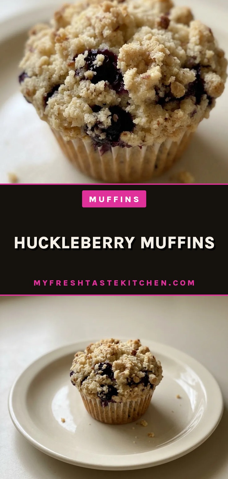 Looking down at three huckleberry muffins on a white plate, each with a domed top studded with purple berries.